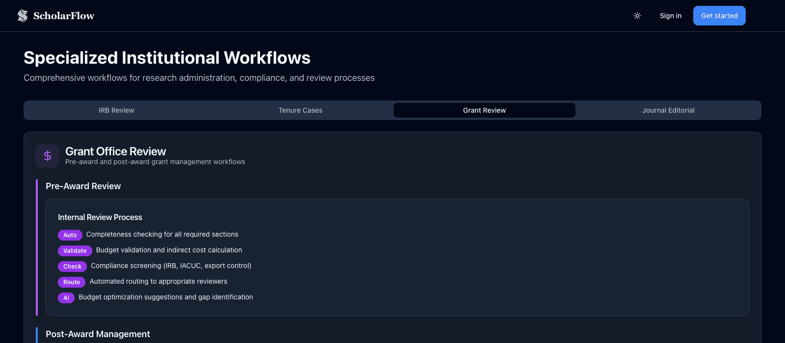 Dark-mode AcaTrove grant review workflow showing pre-award review, post-award management, and compliance tasks.